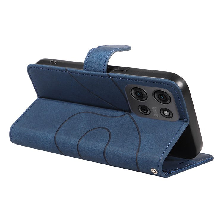 For Motorola Moto G75 5G Case Stand Wallet Leather Phone Cover Curved Line Wrist Strap - Blue