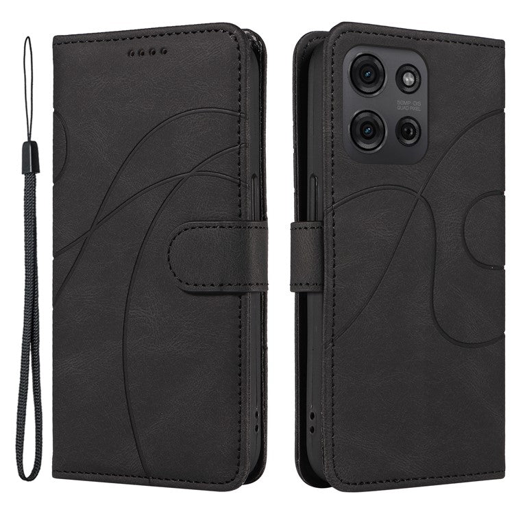 For Motorola Moto G75 5G Case Stand Wallet Leather Phone Cover Curved Line Wrist Strap - Black