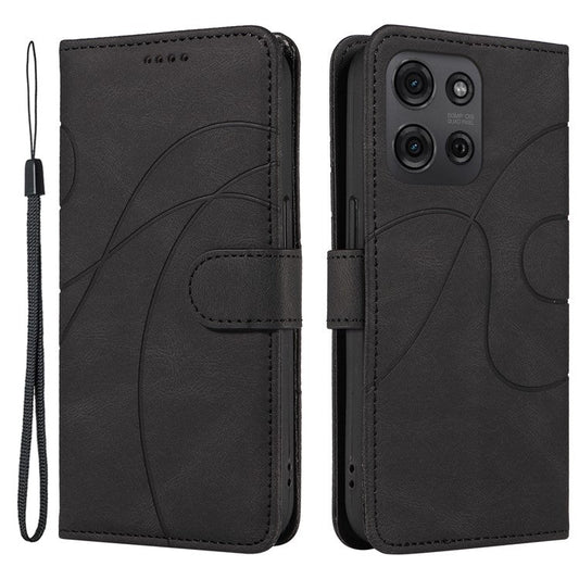For Motorola Moto G75 5G Case Stand Wallet Leather Phone Cover Curved Line Wrist Strap - Black