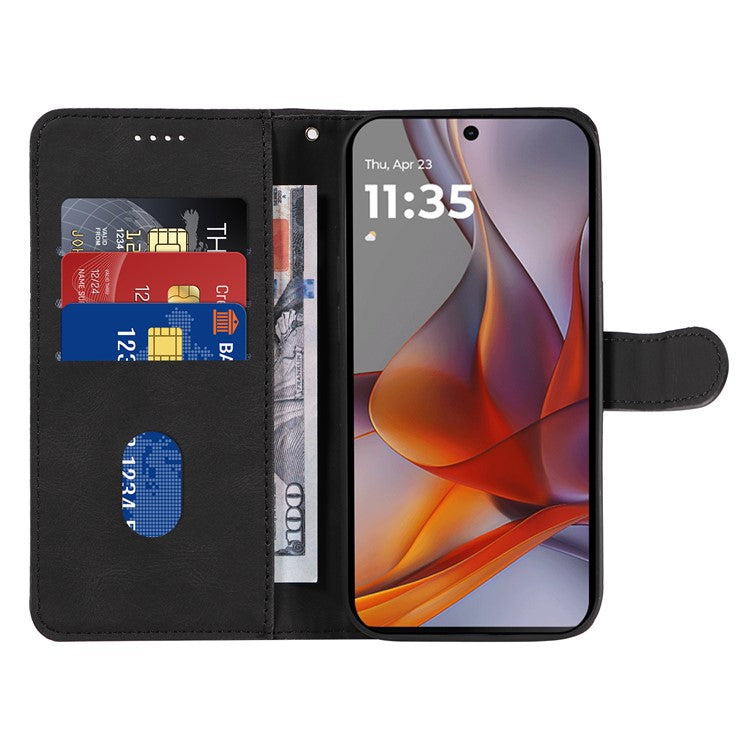 For Motorola Moto G75 5G Case Stand Wallet Leather Phone Cover Curved Line Wrist Strap - Black