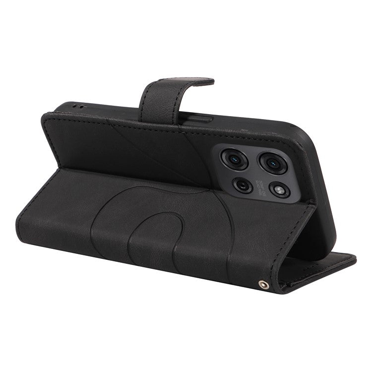 For Motorola Moto G75 5G Case Stand Wallet Leather Phone Cover Curved Line Wrist Strap - Black