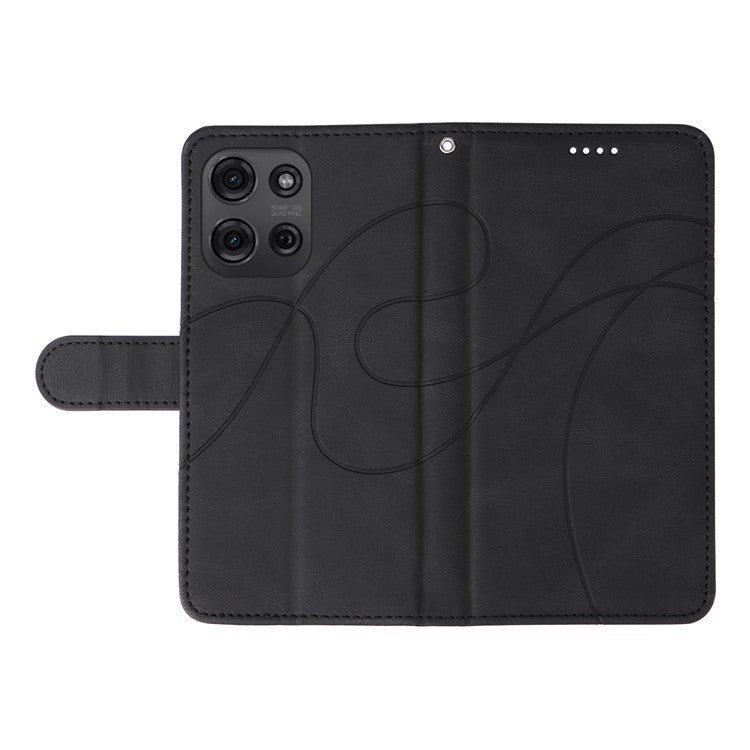 For Motorola Moto G75 5G Case Stand Wallet Leather Phone Cover Curved Line Wrist Strap - Black