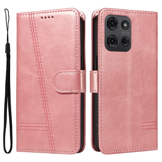 For Motorola Moto G75 5G Case Flip Wallet T-Shape Lines Leather Phone Cover - Rose Gold