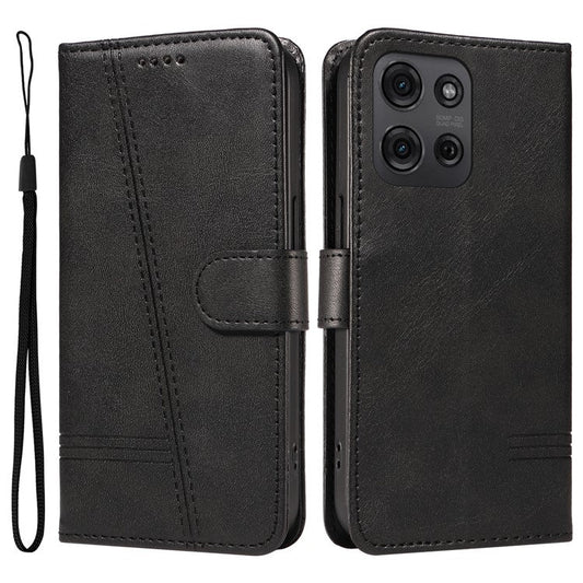 For Motorola Moto G75 5G Case Flip Wallet T-Shape Lines Leather Phone Cover - Black