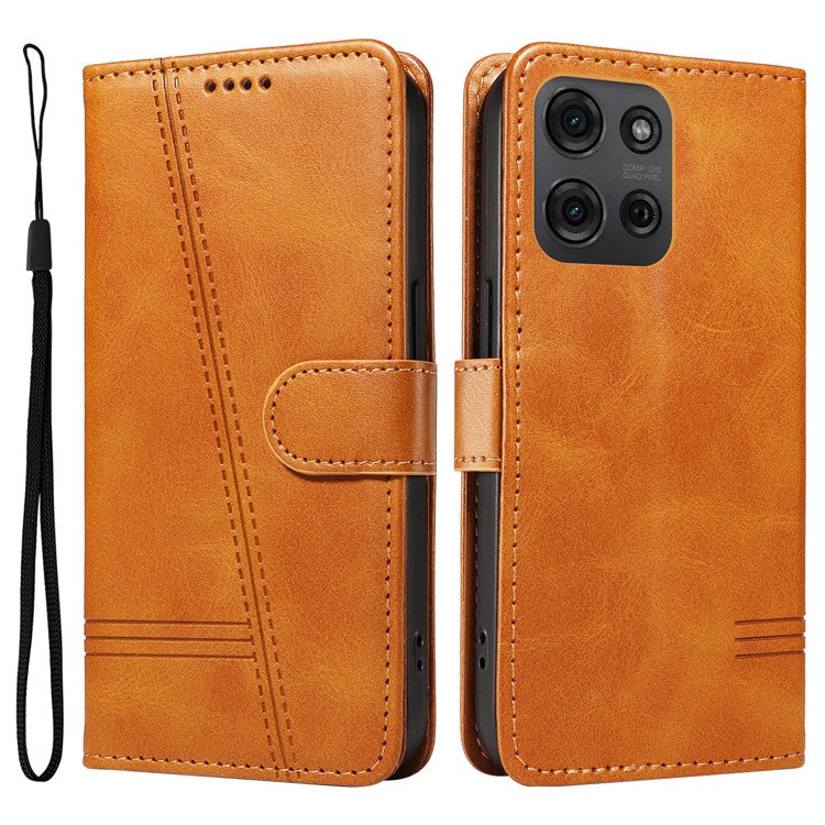 For Motorola Moto G75 5G Case Flip Wallet T-Shape Lines Leather Phone Cover - Yellow