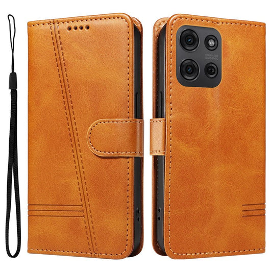 For Motorola Moto G75 5G Case Flip Wallet T-Shape Lines Leather Phone Cover - Yellow