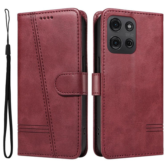 For Motorola Moto G75 5G Case Flip Wallet T-Shape Lines Leather Phone Cover - Wine Red