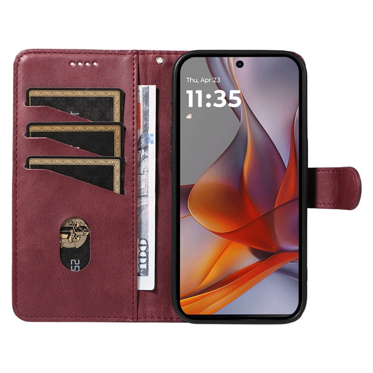 For Motorola Moto G75 5G Case Flip Wallet T-Shape Lines Leather Phone Cover - Wine Red