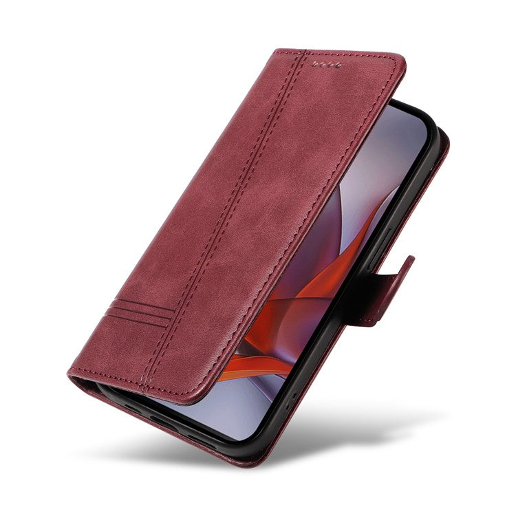 For Motorola Moto G75 5G Case Flip Wallet T-Shape Lines Leather Phone Cover - Wine Red