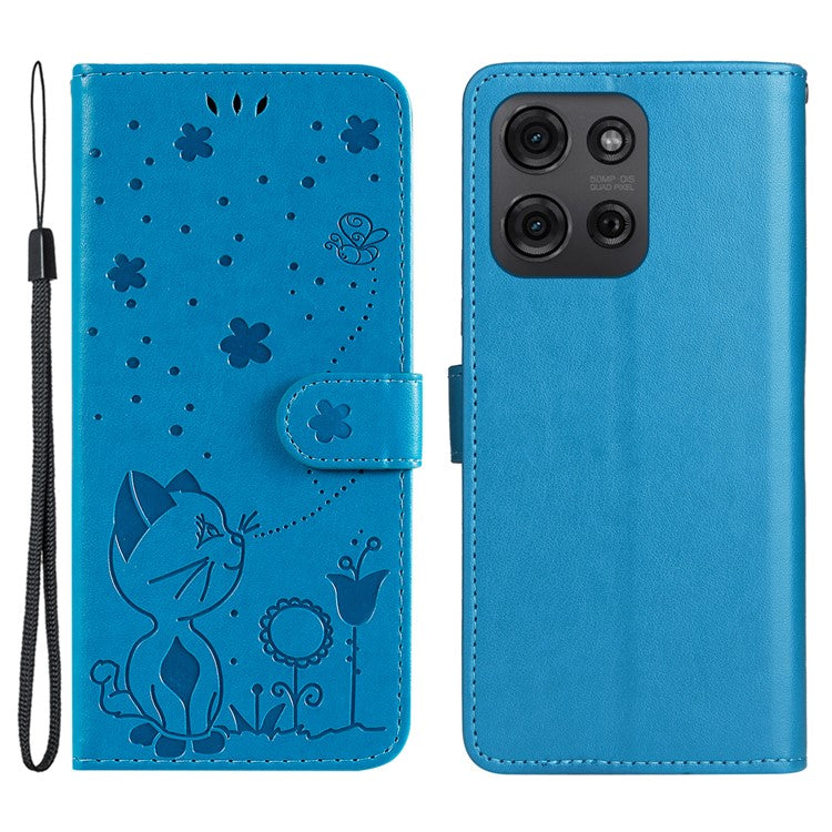 For Motorola Moto G75 5G Case Cat Bee Pattern Leather Phone Cover - Blue