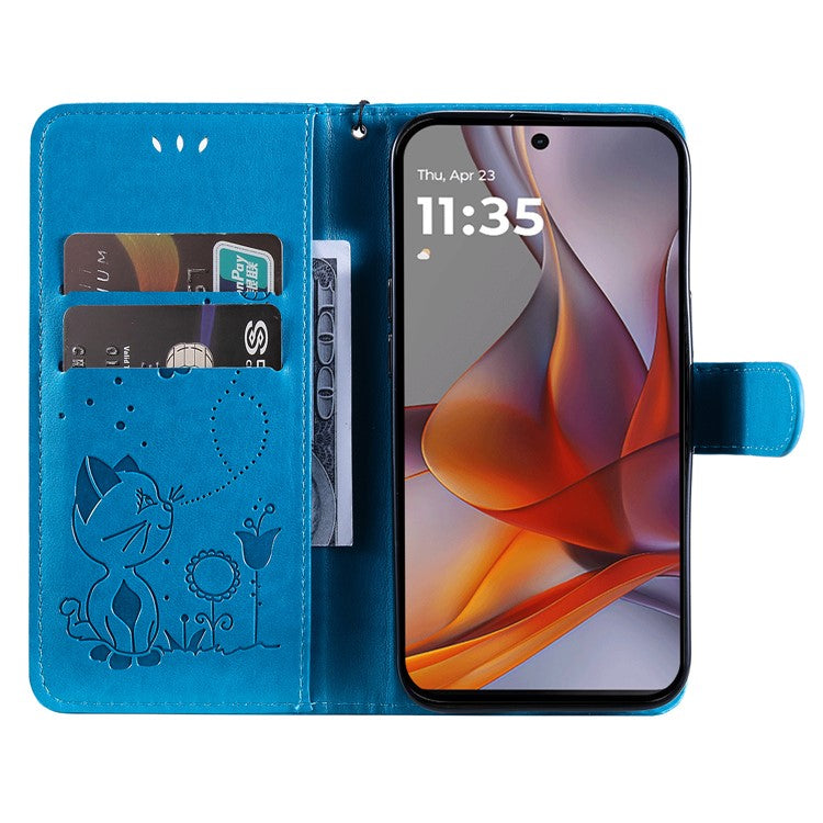 For Motorola Moto G75 5G Case Cat Bee Pattern Leather Phone Cover - Blue