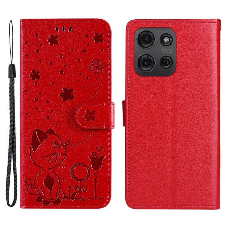 For Motorola Moto G75 5G Case Cat Bee Pattern Leather Phone Cover - Red