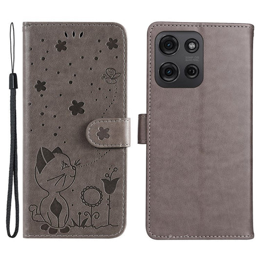 For Motorola Moto G75 5G Case Cat Bee Pattern Leather Phone Cover - Grey