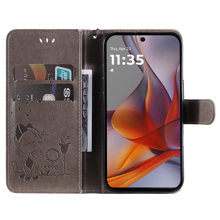 For Motorola Moto G75 5G Case Cat Bee Pattern Leather Phone Cover - Grey