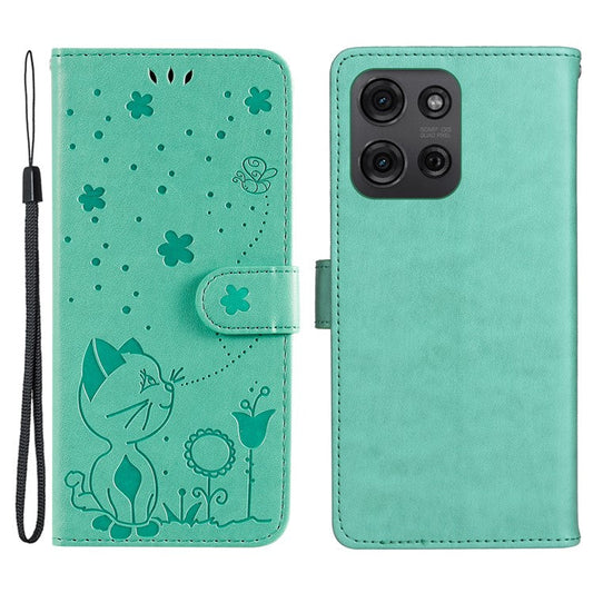 For Motorola Moto G75 5G Case Cat Bee Pattern Leather Phone Cover - Green
