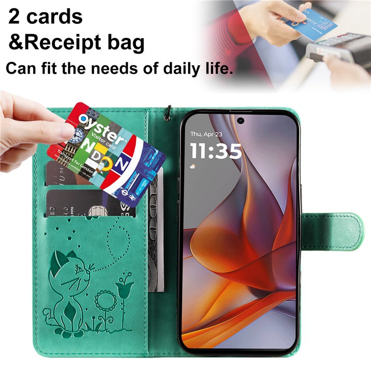 For Motorola Moto G75 5G Case Cat Bee Pattern Leather Phone Cover - Green