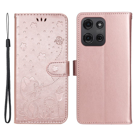 For Motorola Moto G75 5G Case Cat Bee Pattern Leather Phone Cover - Rose Gold