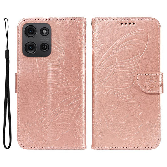 For Motorola Moto G75 5G Case Butterfly Pattern Leather Wallet Flip Phone Cover - Rose Gold