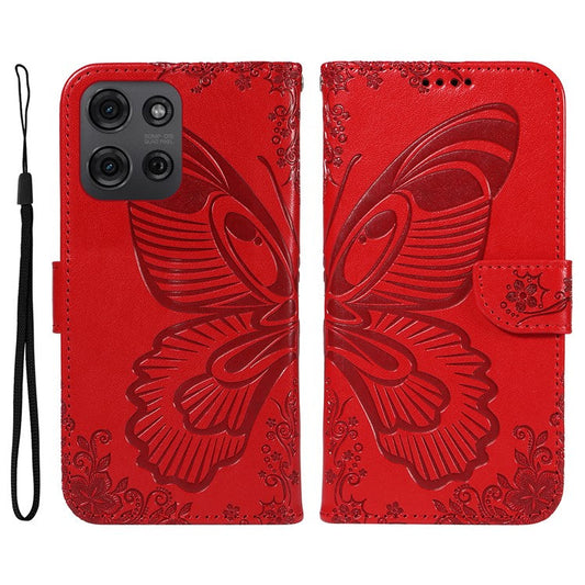 For Motorola Moto G75 5G Case Butterfly Pattern Leather Wallet Flip Phone Cover - Red