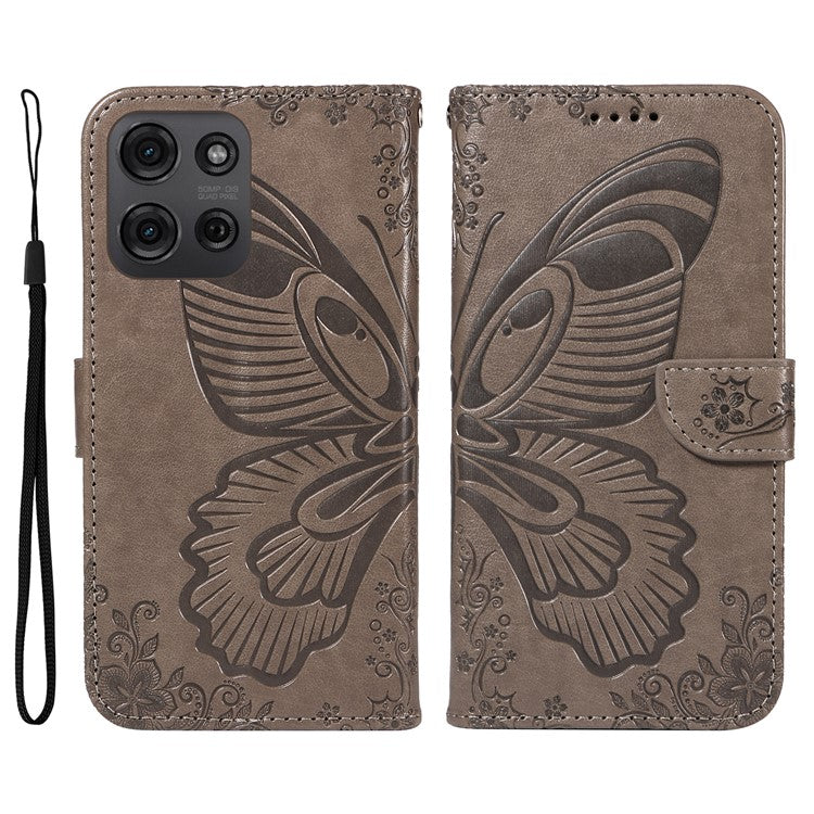 For Motorola Moto G75 5G Case Butterfly Pattern Leather Wallet Flip Phone Cover - Grey