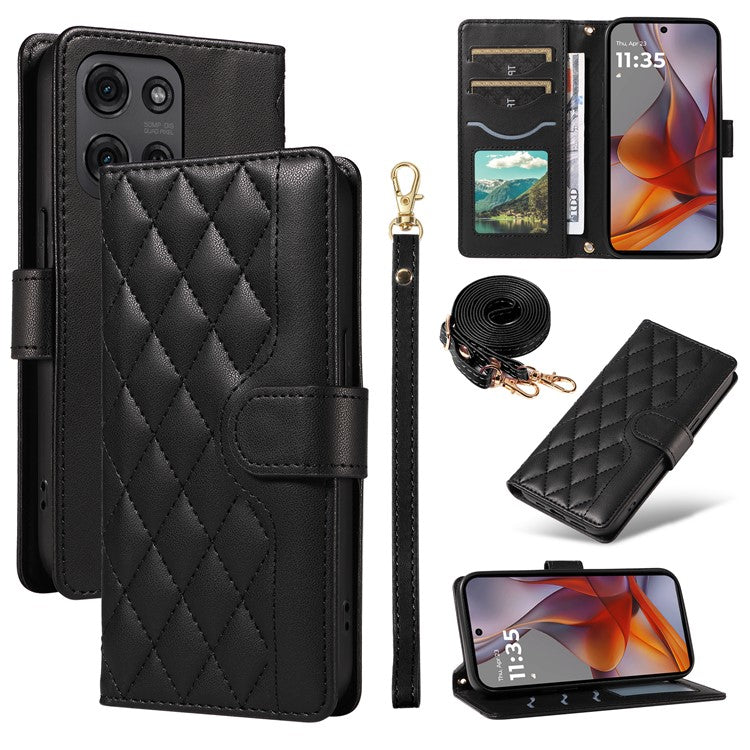 For Motorola Moto G75 5G Wallet Case Rhombus Leather Phone Cover with Shoulder Strap, Wrist Strap - Black