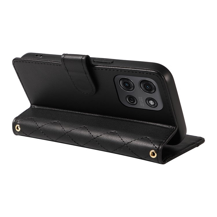 For Motorola Moto G75 5G Wallet Case Rhombus Leather Phone Cover with Shoulder Strap, Wrist Strap - Black