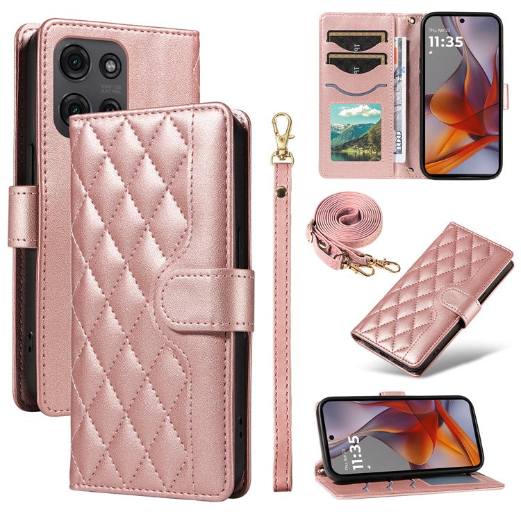 For Motorola Moto G75 5G Wallet Case Rhombus Leather Phone Cover with Shoulder Strap, Wrist Strap - Rose Gold