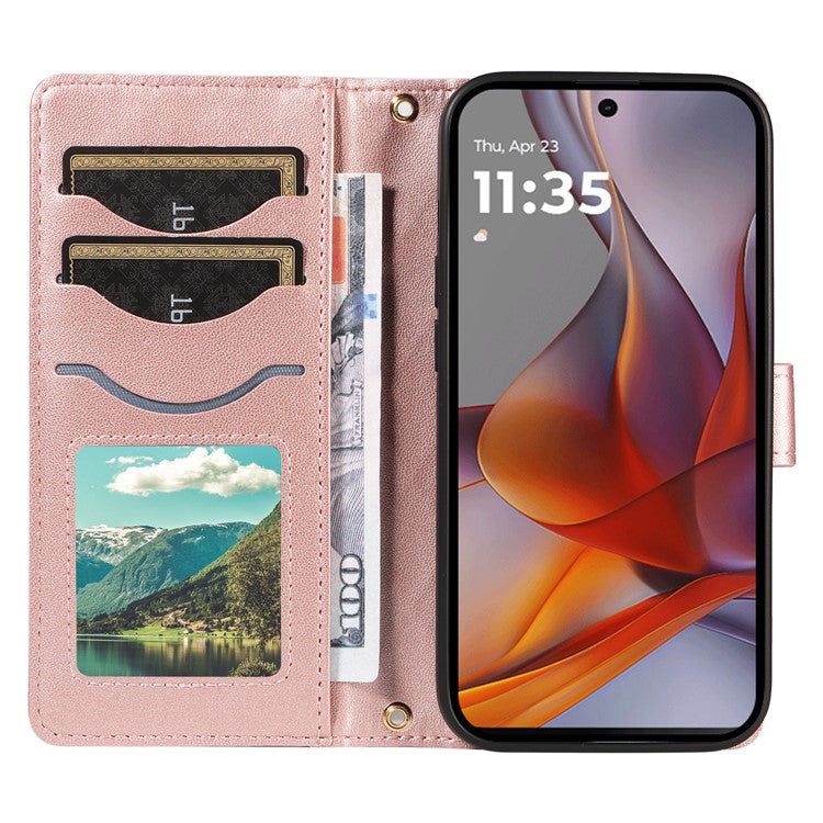 For Motorola Moto G75 5G Wallet Case Rhombus Leather Phone Cover with Shoulder Strap, Wrist Strap - Rose Gold