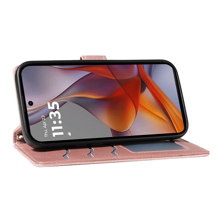 For Motorola Moto G75 5G Wallet Case Rhombus Leather Phone Cover with Shoulder Strap, Wrist Strap - Rose Gold