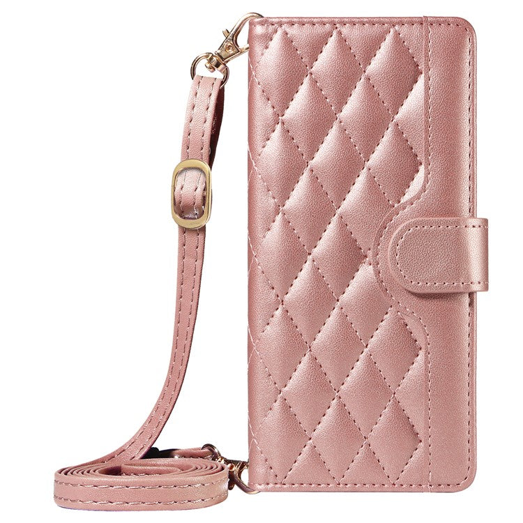 For Motorola Moto G75 5G Wallet Case Rhombus Leather Phone Cover with Shoulder Strap, Wrist Strap - Rose Gold