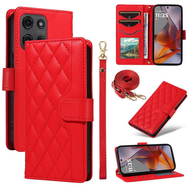 For Motorola Moto G75 5G Wallet Case Rhombus Leather Phone Cover with Shoulder Strap, Wrist Strap - Red