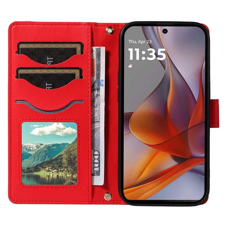 For Motorola Moto G75 5G Wallet Case Rhombus Leather Phone Cover with Shoulder Strap, Wrist Strap - Red