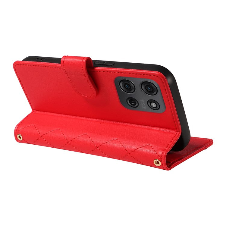 For Motorola Moto G75 5G Wallet Case Rhombus Leather Phone Cover with Shoulder Strap, Wrist Strap - Red