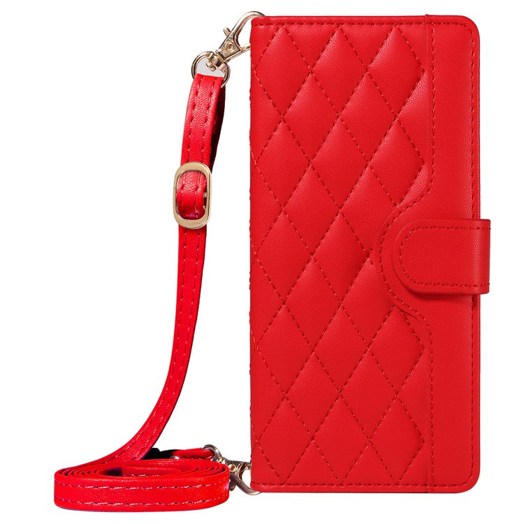 For Motorola Moto G75 5G Wallet Case Rhombus Leather Phone Cover with Shoulder Strap, Wrist Strap - Red