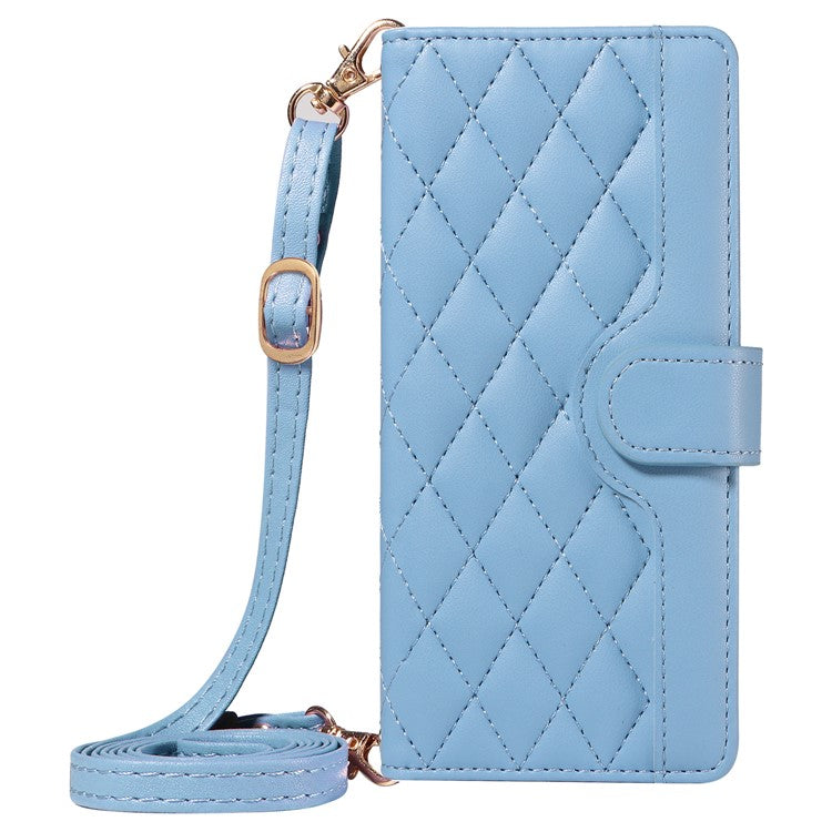 For Motorola Moto G75 5G Wallet Case Rhombus Leather Phone Cover with Shoulder Strap, Wrist Strap - Blue