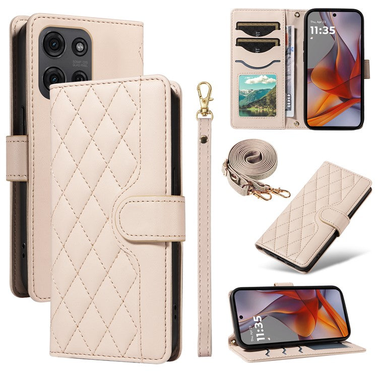 For Motorola Moto G75 5G Wallet Case Rhombus Leather Phone Cover with Shoulder Strap, Wrist Strap - Apricot