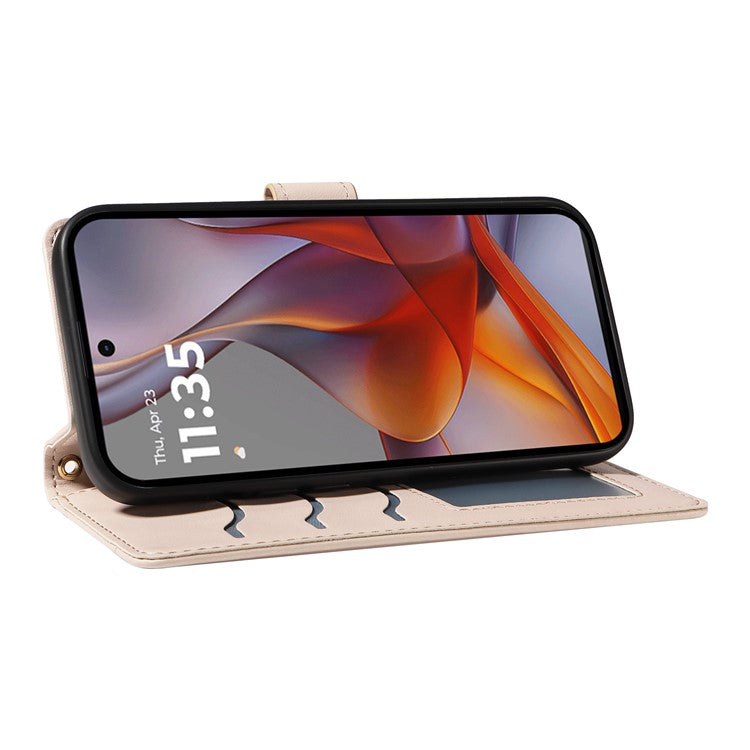 For Motorola Moto G75 5G Wallet Case Rhombus Leather Phone Cover with Shoulder Strap, Wrist Strap - Apricot