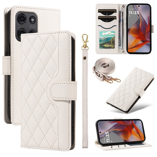 For Motorola Moto G75 5G Wallet Case Rhombus Leather Phone Cover with Shoulder Strap, Wrist Strap - White