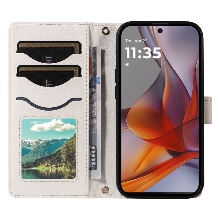 For Motorola Moto G75 5G Wallet Case Rhombus Leather Phone Cover with Shoulder Strap, Wrist Strap - White