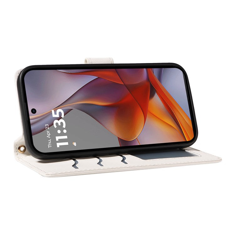 For Motorola Moto G75 5G Wallet Case Rhombus Leather Phone Cover with Shoulder Strap, Wrist Strap - White