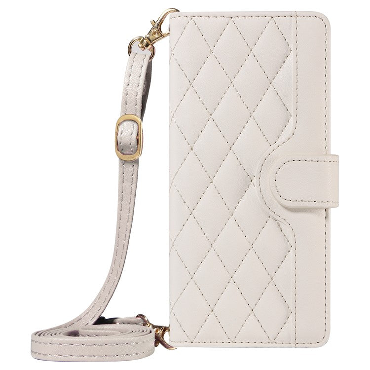 For Motorola Moto G75 5G Wallet Case Rhombus Leather Phone Cover with Shoulder Strap, Wrist Strap - White