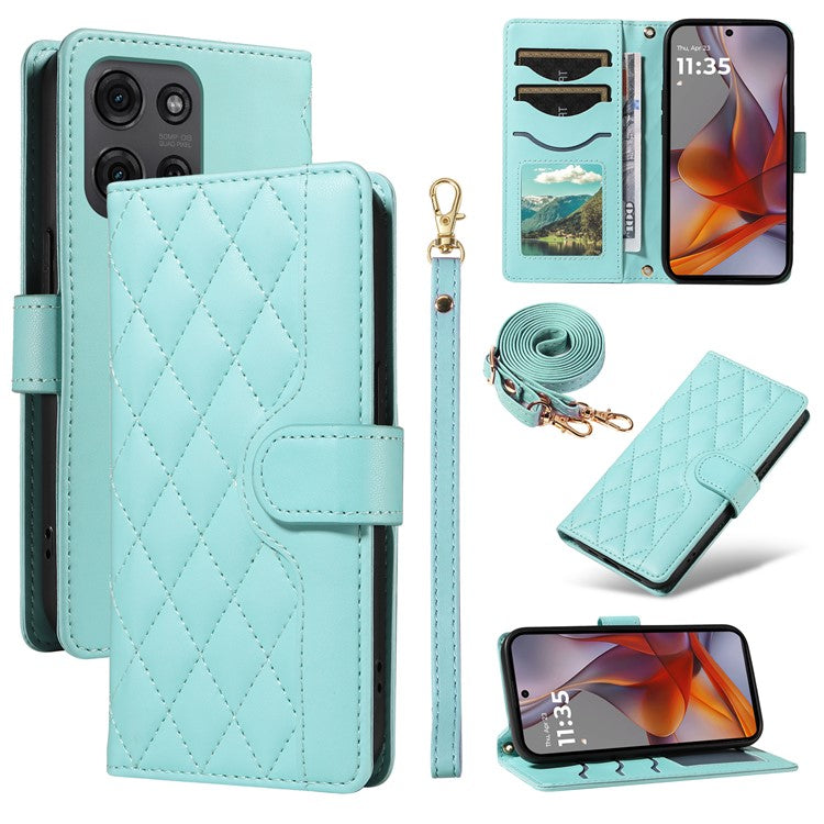 For Motorola Moto G75 5G Wallet Case Rhombus Leather Phone Cover with Shoulder Strap, Wrist Strap - Green