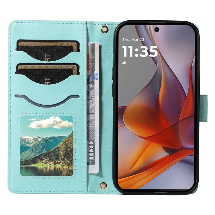 For Motorola Moto G75 5G Wallet Case Rhombus Leather Phone Cover with Shoulder Strap, Wrist Strap - Green