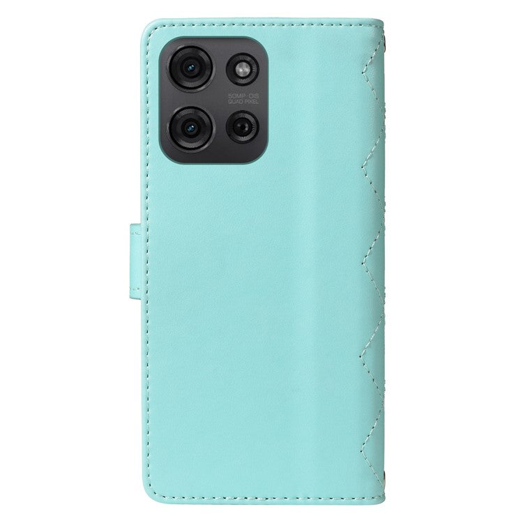 For Motorola Moto G75 5G Wallet Case Rhombus Leather Phone Cover with Shoulder Strap, Wrist Strap - Green