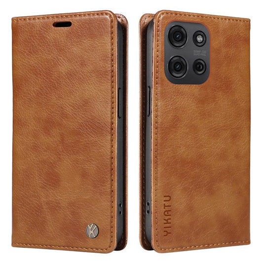 YIKATU YK-006 For Motorola Moto G75 5G Case Magnetic Closure Leather Phone Cover Litchi Texture - Brown