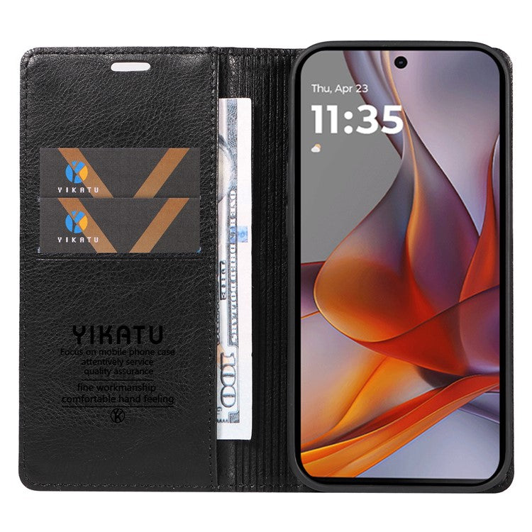 YIKATU YK-006 For Motorola Moto G75 5G Case Magnetic Closure Leather Phone Cover Litchi Texture  - Black