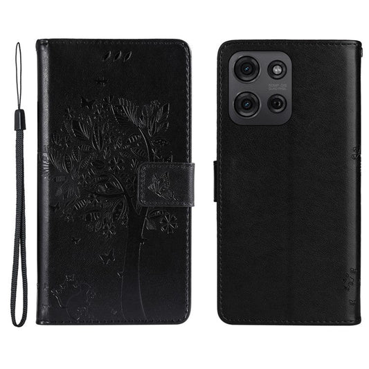 For Motorola Moto G75 5G Case Cat Tree Pattern Flip Leather Phone Cover - Black