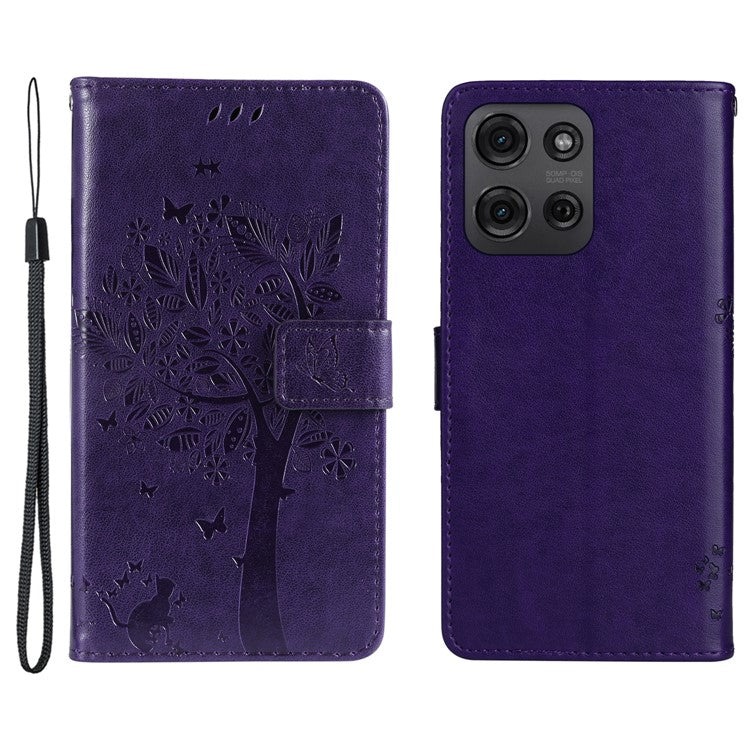 For Motorola Moto G75 5G Case Cat Tree Pattern Flip Leather Phone Cover - Purple
