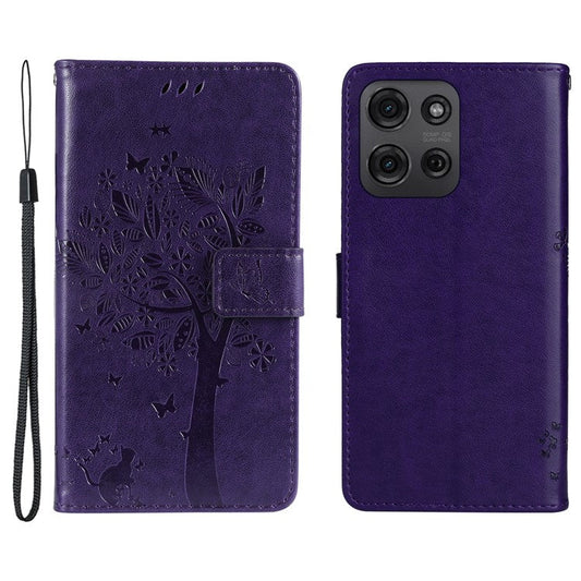 For Motorola Moto G75 5G Case Cat Tree Pattern Flip Leather Phone Cover - Purple