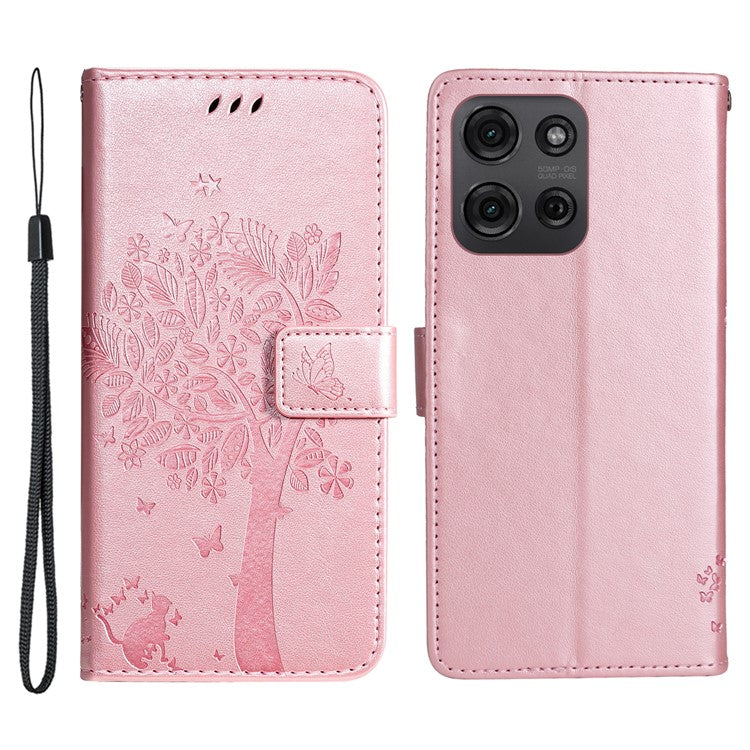 For Motorola Moto G75 5G Case Cat Tree Pattern Flip Leather Phone Cover - Rose Gold